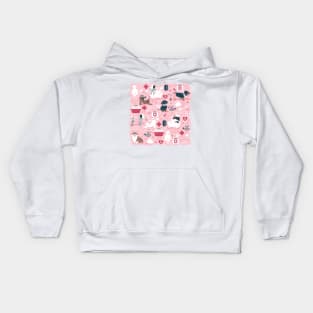 Veterinary medicine, happy and healthy friends // pastel pink background red details navy blue white and brown cats dogs and other animals Kids Hoodie